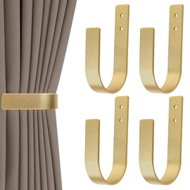 Groleca 4 Pack Modern Curtain Holdbacks Curtain Tiebacks Wall Mount Solid Aluminum U Shaped Curtain Wall Hooks Curtain Pull Backs Curtain Holders Curtain Tie Backs for Curtain (4, Gold)