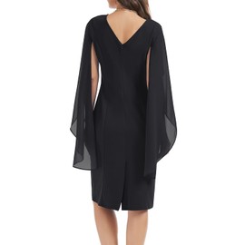 HELYO Women's Mini Cape Chiffon Cloak Sleeve Dresses V-Back Semi Formal Knee Length Elegant Pencil Wedding Guest Evening Cocktail Party Dress 882 Black M