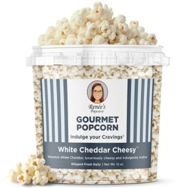 Renée’s White Cheddar Cheesy™ Gourmet Popcorn – real Wisconsin white Cheddar cheese is smooth and creamy on fresh popped corn making an indulgent, crispy, cheesy, delightful snack or gift - 1.1 gallon plastic bucket tin, 12 oz bulk party size.