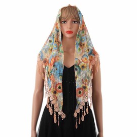 Aularso Lace Triangle Scarf Lightweight Orange Scarf Floral Scarves Tassel Crochet Shawl Mantilla Tulle Embroidered Wrap Vintage Veils for Women (Orange)