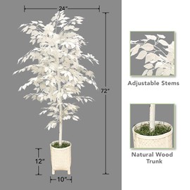 LCG Florals 72 Inch Ficus Tree in White Basket with Real-Wood Trunk & Decorative Rattan Basket - Faux Plants for Indoors and Outdoors
