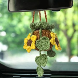 MENGSOOD Car Hanging Ornament Cute Crochet Plant Rear View Mirror Pendant Decoration Handmade Knitted Mirror Hanging Car Interior Accessories Gardening Hanging (Sunflower Leaf)