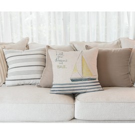 Nautical Pillow Cover 18x18in, Let Your Dreams Sail Words with Boat in Waves Motivation Lifestyle Print Pillow Soft Decorative Square Couch Pillow Covers ，Home Decor for Sofa Bedroom Car Couch