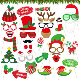 32 Pcs Christmas Photo Booth Props Kit - Merry Christmas Photo Props for Photography, DIY Fun Christmas Photobooth Photoshoot Prop Selfie Pose Sign Set for Adults Kids Christmas Party Favors Supplies