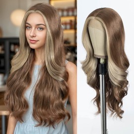 Style Icon HD Lace Front Wig 26 Inch Long Body Wave Wigs Highlight Beige Brown Color Synthetic Fiber Pre Plucked Baby Hair Central Parting(26Inches, HL 12J/12R)