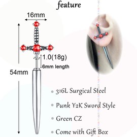 PunkTracker Hypoallergenic Surgical Steel Gothic Sword Earrings for Women Black Cubic Zirconia Punk Dagger Y2K Emo Earrings for Men, Metal, not known