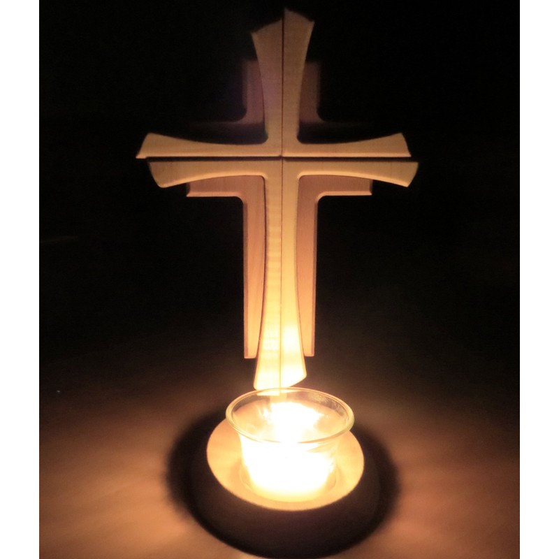 Tea Light Holder with Cross Beechwood in Modern Style