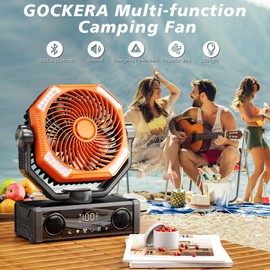 GOCKERA 2025 Camping Fan with Wireless Speakers, 20000mAh rechargeable Battery Powered Fan with LED Light & Remote, 5 Speeds & Hook, USB Fans for Party, Travel, BBQ, Indoor Outdoor