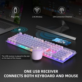 MageGee V550 Wireless Gaming Keyboard and Mouse, 2.4G Full-Sized RGB LED Computer Keyboards with Transparent Shell, Rechargeable Quiet Cordless Mouse & Keyboard Combo for Laptop/PC/Desktop (Purple)