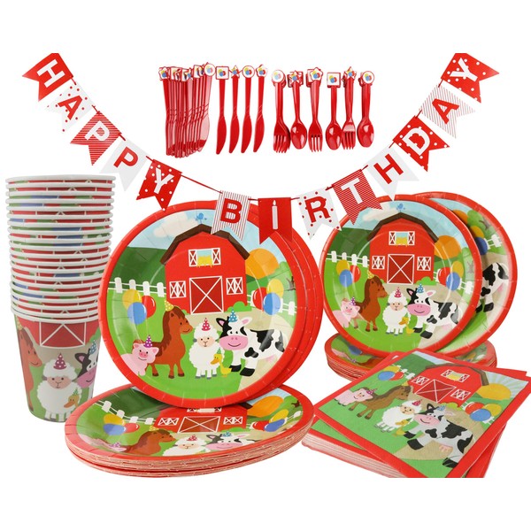 Barnyard Farm Animals Birthday Party Supplies 142 Piece Kit, Paper plates, Paper Cups, Napkins, Cutlery, Table Cover and Birthday Banner
