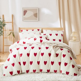 Covebett Flannel Bed Linen 155 x 220 cm White with Red Hearts Winter Warm Plush Flannelette Winter Bed Linen Cashmere Touch Coral Fleece Fluffy Duvet Cover with Zip and 1 Pillowcase 80 x 80 cm