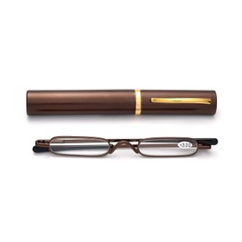 ZUVGEES Easy Carry Mini Compact Slim Reading Glasses—Lightweight Portable Readers with w/Pen Clip Tube Case (Brown, 3.50)