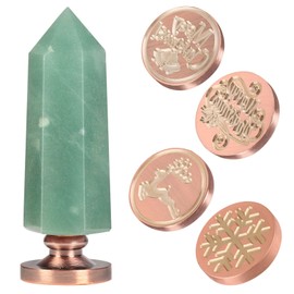 SUNYIK Wax Seal Stamp Set, 6 Faceted Crystal Point Stone Handle with 4 Wax Seal Stamps Head for Envelope Wedding Invitations, Green Aventurine Handle & 3* Merry Christmas Series & 1* Snowflake Pattern