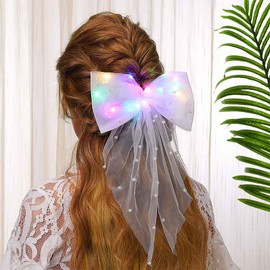 Jeairts Led Veil Bridal Bow Clip Pearl Wedding Hair Piece Glowing White Tulle Bow with Clip Bachelorette Party Hair Accessories for Women and Girls (A-Colorful Light)