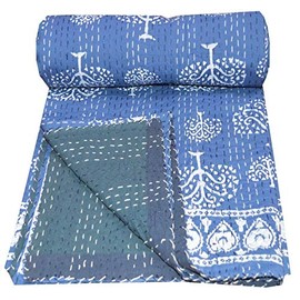 YUVANCRAFTS Indian Handmade Cotton Kantha Quilt Traditional Indigo Print Twin Quilt Blanket Bedspreads Throw (Blue)
