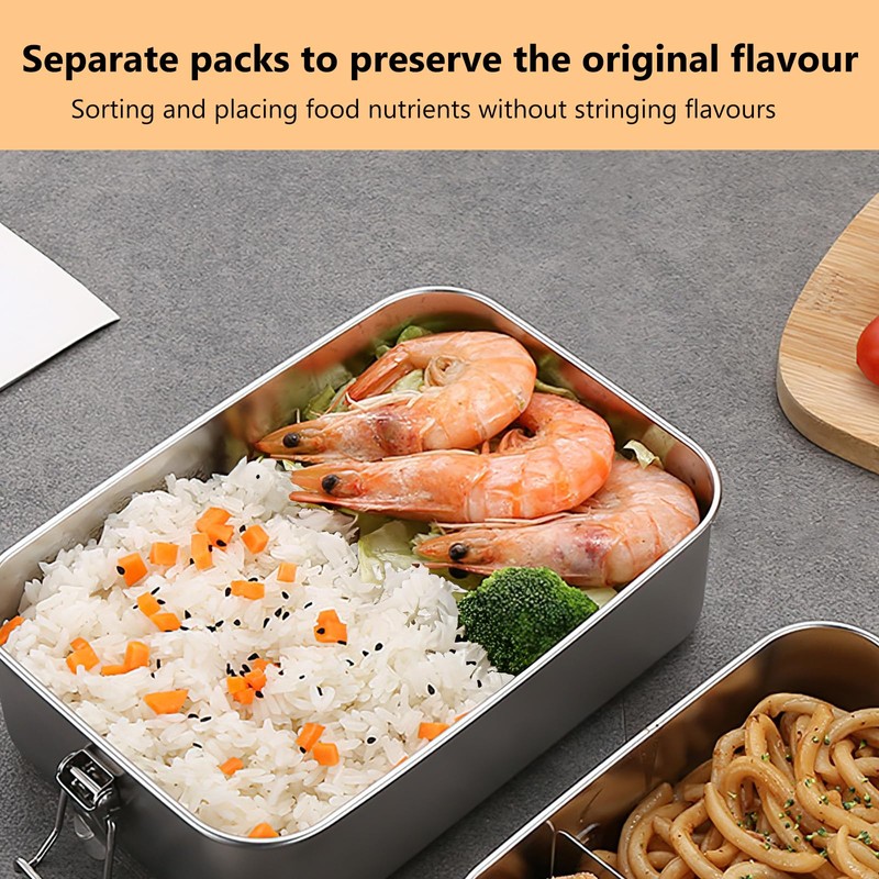 ONEVER Stainless Steel Lunch Box, Lunchbox with Lock Clip, 1400ml