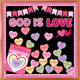 Valentine's Day Christian Bulletin Board Decorations Set God is Love Religious Classroom Decor Inspirational Valentine Candy Conversation Heart Cutouts for Church Sunday School Chalkboard Wall Door