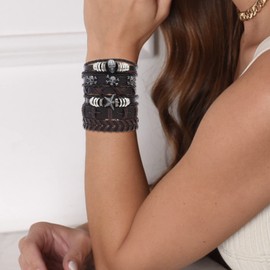 Punk Leather Bracelet for Men Women Gothic Leather Cuff Bracelet Multi Layer Wristband Braided Bracelets (B: brown leather bracelet)