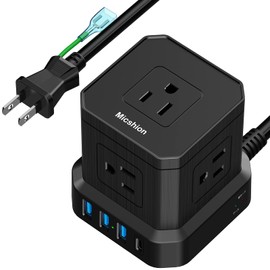Micshion Cube Power Strip with Type-C Extension Cord, 6.6 ft (2 m), Lightning Guard, 5 AC Outlets (2,400 W), 3 USB Ports, 1 Type-C Outlet with USB Connection, Table Tap, OA Tap, Multi-Tap, Safety