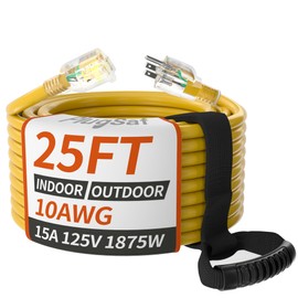 25ft 10 Gauge Outdoor Extension Cord Waterproof with Lighted Indicator,10 AWG SJTW Heavy Duty 15Amp 1875W,3 Prong Cords Flexible Copper Yellow ETL Listed