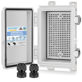TICONN Outdoor Electrical Box Waterproof, Junction Box IP67 ABS Plastic Enclosure with Hinged Cover with Mounting Plate, Wall Brackets, Cable Glands (Off-White, 5.9"x3.9"x2.8")