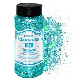 HEMOER 100g Holographic Chunky Glitter, Cosmetic Mixed Hexagon Chunky & Fine Craft Glitter Resin Sequins for Epoxy Glass, Resin Art, Body, Hair, Face, Nail, Slime, Tumbler, Festival Party - Turquoise