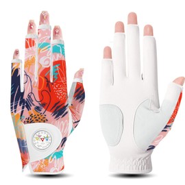 Golf Gloves Women Left Hand Half Finger Leather with Bling Ball Marker Value Pack Colored Glove for Right Handed Golfer All Weather Grip (Half-Orange, Small, Left)