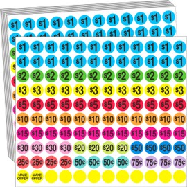 Garage Sale Price Stickers, 2040 Pieces Yard Sales Sticker 3/4 Inch Round Price Tags Labels, Multiple Denominations, Bright Colors