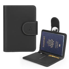 ALLIVE Passport Holder for Travel, Rfid Passport Holder for Women & Men, Genuine Leather Passport Cover Travel Wallet with AirTag Hidden, Airport Essentials, Travel Must Haves Gifts (Black)