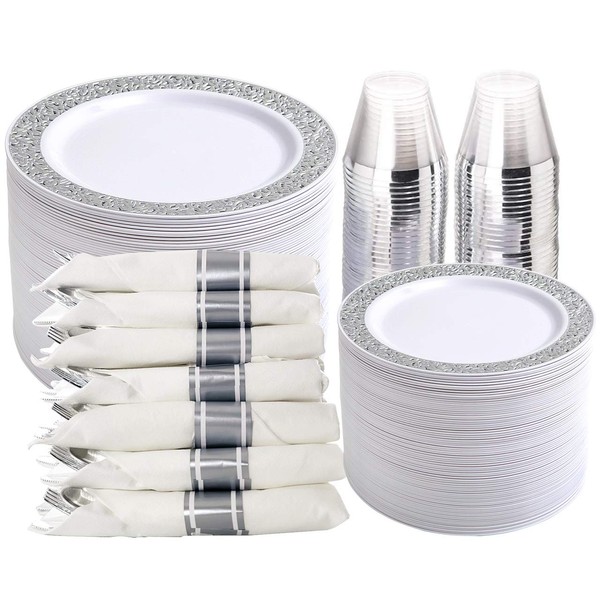 WELLIFE 350 Pieces Silver Disposable Plastic Dinnerware, Silver Lace Plates for Wedding & Party, Includes:50 Dinner Plates, 50 Dessert Plates, 50 Cups, 50 Pre Rolled Napkins with Silver Cutlery