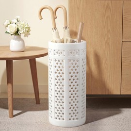 Sawysine White Ceramic Umbrella Stand with Hollow-out Design Heavy Porcelain Umbrella Holder for Entryway 17" Heavy Porcelain Holder for Umbrellas Canes Home Decor Walking Sticks