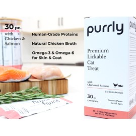 Purrly Hydrating Wet Cat Treat Snack Topper Creamy Purée Human-Grade Chicken Breast & Salmon with Omega-3 & 6 for Skin & Coat (30 Count) Healthy Lickable Squeeze Soft Snack