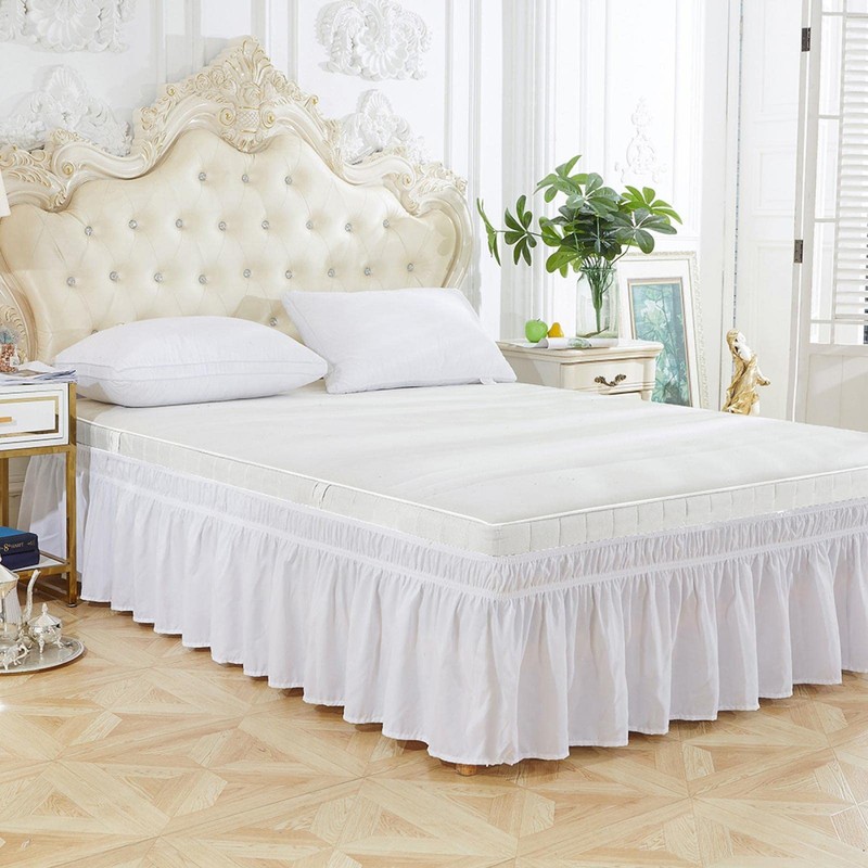 White Elastic Bed Skirt Ruffle, Polyester Easy Fit Spread Cover