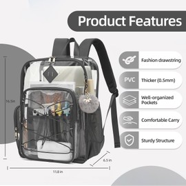 Lrenagao Clear Backpack for School Girls Women, Boys Kids Heavy Duty PVC Transparent Backpacks See Through Clear Bookbags Dark Grey