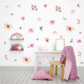 4 Sheets 60 Pcs Watercolor Pink Rose Peach Blossom Flower Wall Stickers, sacinora Art DIY Wall Decals Removable Vinyl Peel and Stick for Nursery Bedroom Children's Room Kids Baby Party Wedding Decor