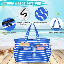 WACCET XXL Family Beach Bag, Large Waterproof Beach Bag for Women, with Zip, Foldable Lightweight Swimming Bag with Multiple Pockets, Beach Bag, Tote Bag for Beach, Travel, Holiday, Pool, Light blue
