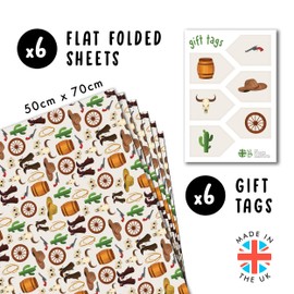 CENTRAL 23 Cowboy Wrapping Paper - 6 Sheets Of Brown Birthday Gift Wrap - Cowboy Elements - Boots Hats Cactus - Bridal Shower - Comes With Stickers