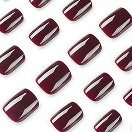 Wind Red Press on Nails Short Square Fake Nails Short Nails Press Ons Dark Solid Color False Nails Full Cover Glossy Glue on Nails Reusable Artificial Acrylic Stick On Nails for Women 24 Pcs