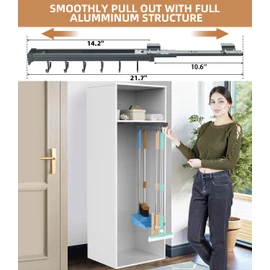 Pull Out Broom Holder, Multifunctional Slide Broom And Mop Storage/Organizer With Adjustable Double Row Sliding Hook, Garage Organization Hooks, for Closet Laundry - grey - 36cm/14.17inch