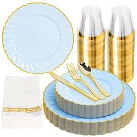 Lullaby 336PCS Elegant Disposable Dinnerware Set –96 Blue Scalloped Gold-Trim Plates (48 Dinner, 48 Dessert), 48Forks, 48 Spoons, 48 Knives, 48 Napkins & 48 Cups – Fancy Plastic Plates for 48 Guests