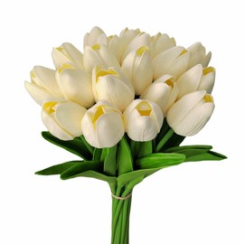 20pcs White Flowers Artificial Silk Tulips Fake Flowers 13.4" for Birthday Party New Year Spring Easter Mother's Day Valentine’s Day Wedding in Bulk Home Garden Office Decorations