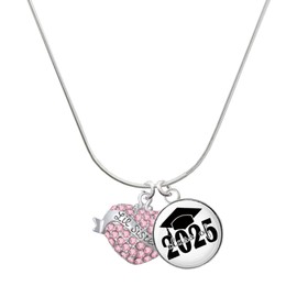 Delight Jewelry Silvertone Lil Sister Banner on Pink Crystal Heart Script Class of 2025 Dome Charm Necklace, 18"