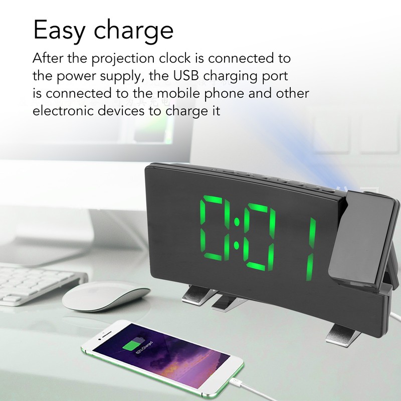 Radio Projection Alarm Clock LED Display Electronic Clock Curved Screen