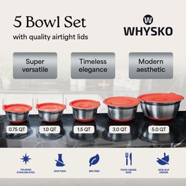WHYSKO® Stainless Steel Mixing Bowls With Lids Plus Stainless Steel Whisk, Potato Masher and Grater Lids, 5 Nesting Mixing Bowls And Kitchen Tools for Meal Prep, Cooking, Baking, Serving, Food Storage