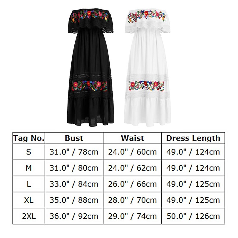 Women Mexican Dress Off Shoulder Floral Embroidered Long Maxi Dress