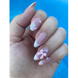 Jewl Aoer Short Almond Press on Nails, French Tip Fake Nails with Cute 3D Bow Tie Flower, Pink Stick on Nails Acrylic Reusable False Nails Kit for Women Girls Faux Ongles a Coller