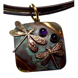Elaine Coyne Classic Dragonfly Pendant on Tri Rawhide Necklace, USA Made, Amethyst, Onyx