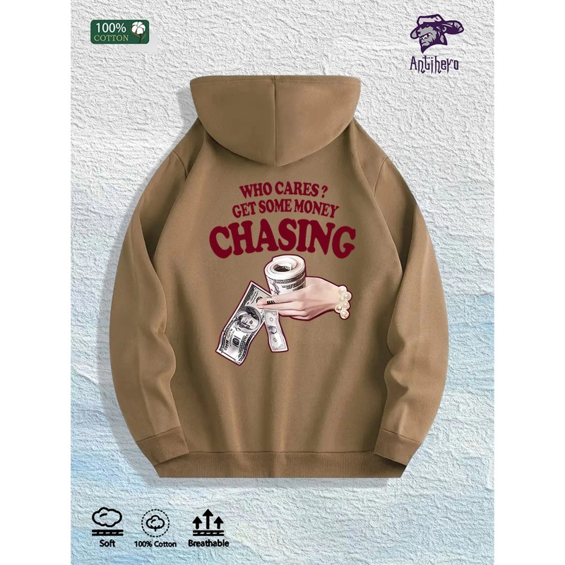 WHO CARES? GET SOME MONEY CHASING Graphic Hoodie 100% Cotton