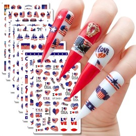 Rchovsam 4th of July Nails Stickers for Nail Art - 8 Sheets 3D Self Adhesive Independence Day Nail Art Stickers American Flag Stars Letters USA Nail Decals Fourth of July Design Sticker for Women