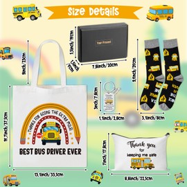Y1tvei School Bus Driver Gifts - 5Pcs Thank You for Helping Me Safe Canvas Bag The Best Bus Driver Ever Makeup Bag Cotton Socks Alloy Keychains Black Box, Thank You Present for Women Men Appreciation